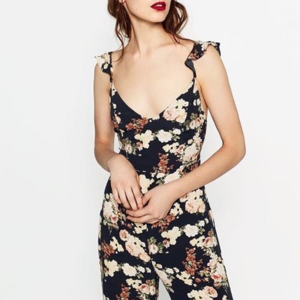 ZARA floral ruffle wide leg jumpsuit